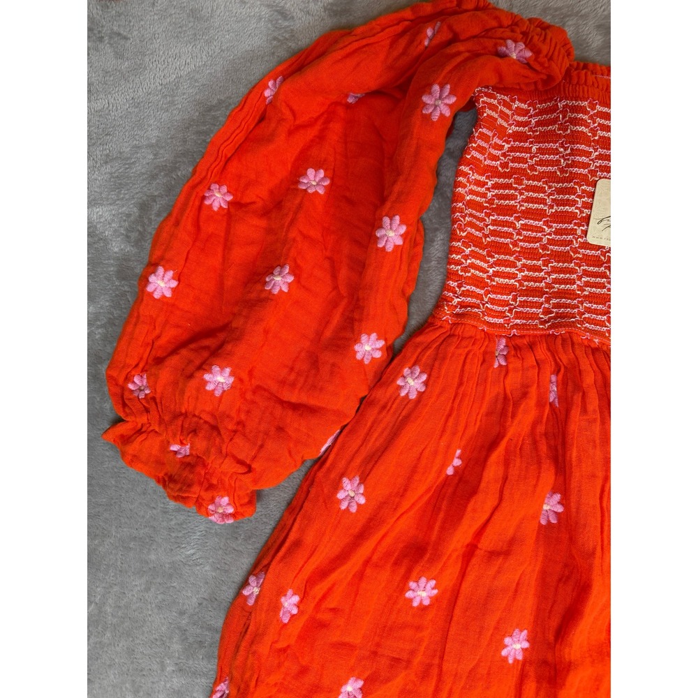 Free People Tangerine Combo Floral Embroidered Smocked Midi Dress M NWT - Picture 6 of 13